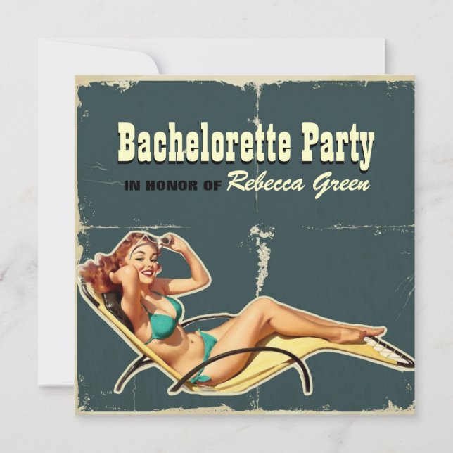 glamour pool swimsuit retro bachelorette party invitation (Front)