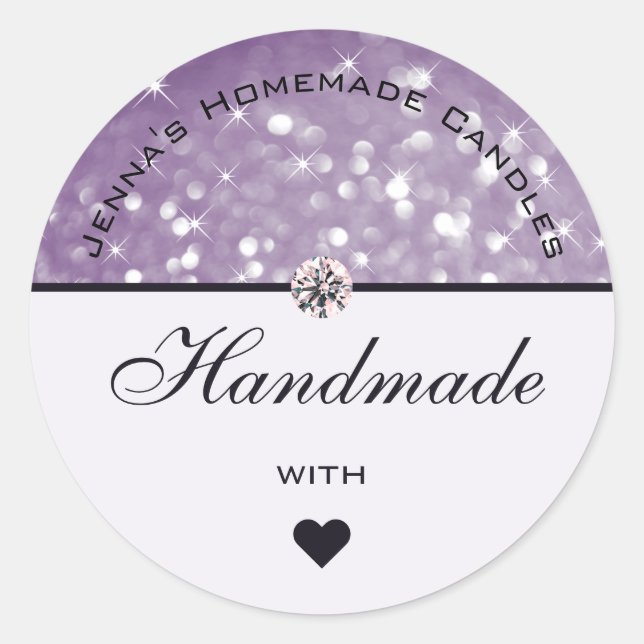 Glamour Purple Plum Glitter Handmade with Love Classic Round Sticker (Front)