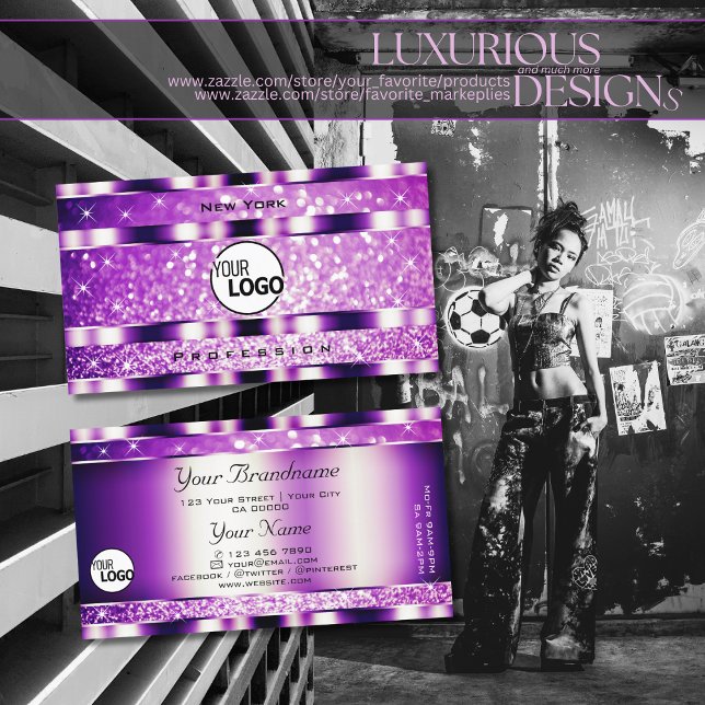 Glamour Purple Sparkling Glitter Stars and Logo Business Card (Creator Uploaded)