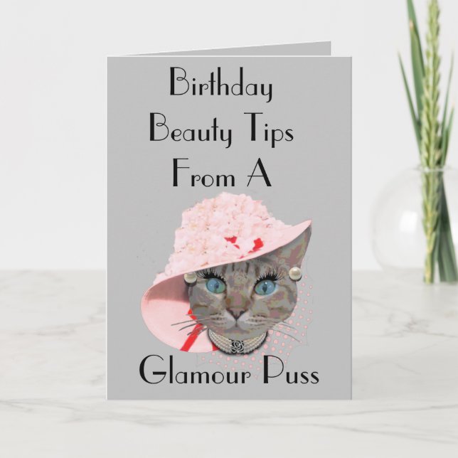 glamour puss big pink hat funny grey cat birthday card (Front)