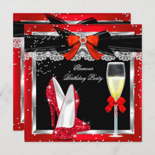 Glamour Red Glitter Heels Silver Champagne Party 2 Invitation