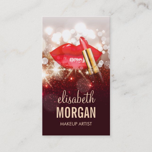 Glamour Red Lips Gold Glitter Sparkle Makeup Artis Business Card (Front)