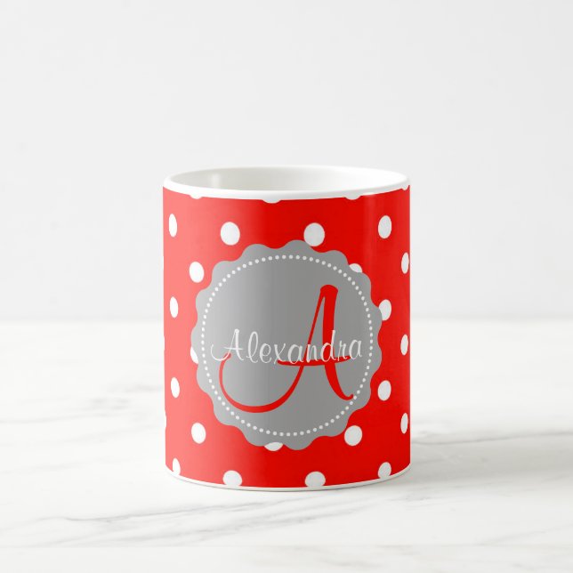 Glamour red white polka dot monogram initial name coffee mug (Center)