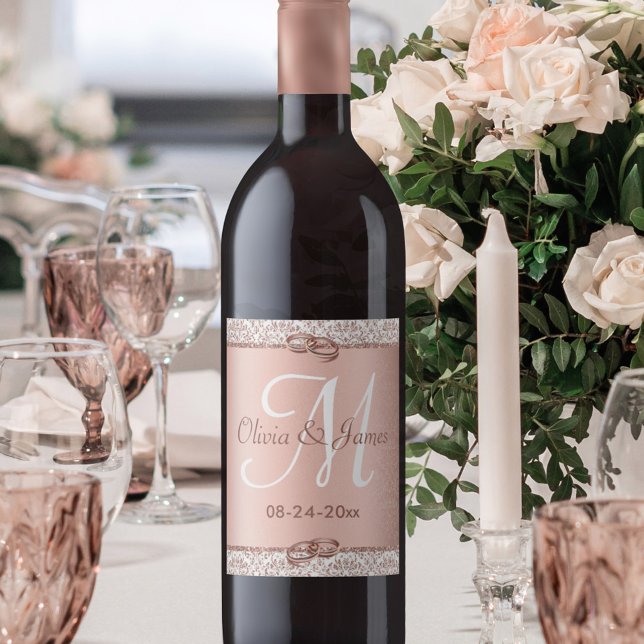 Glamour Rose Gold Monogram Damask Wedding Wine Label (Creator Uploaded)