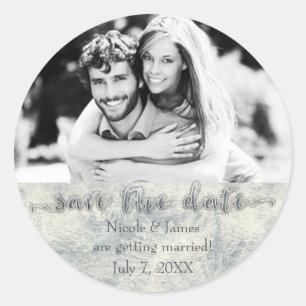 Glamour Silver White Winter Save The Date Photo Classic Round Sticker