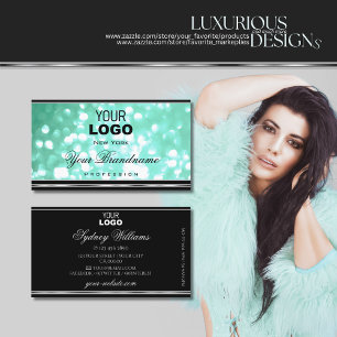 Glamour Teal Glitter Chic Black Silver Border Logo Business Card
