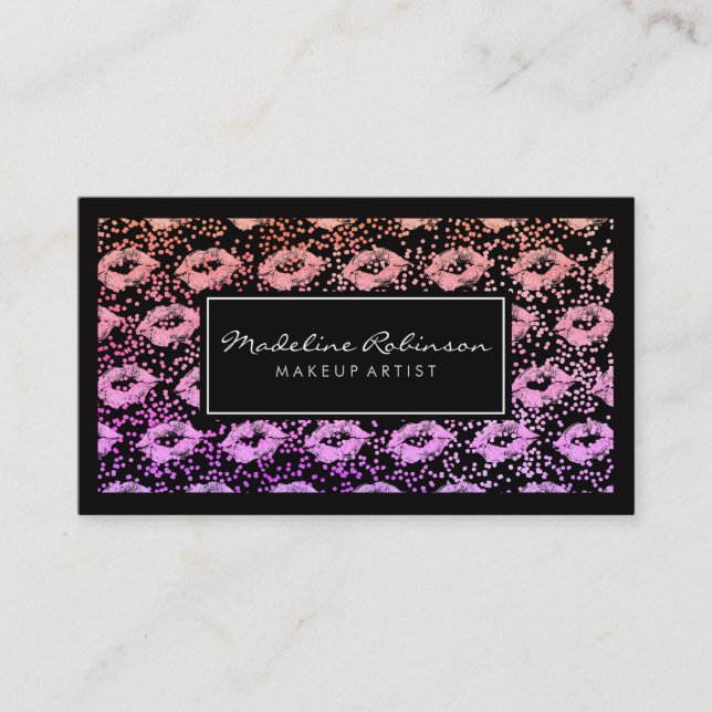 Glamour Vibrant Glitter Kisses Specks Black Border Business Card (Front)