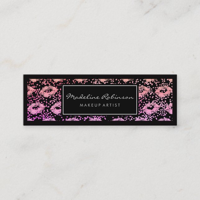 Glamour Vibrant Glitter Kisses Specks Black Border Mini Business Card (Front)