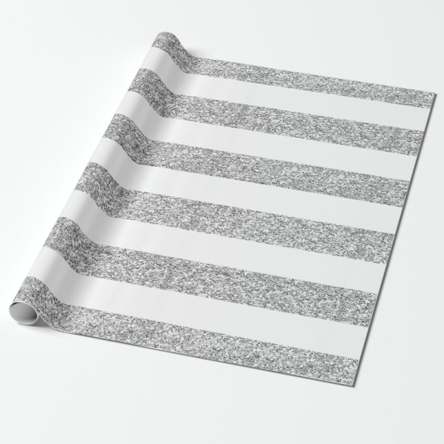 Glamour White Stripes with Silver Glitter Printed Wrapping Paper (Unrolled)