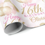 Glamourous 16th Birthday Balloon Wrapping Paper<br><div class="desc">A gorgeous blush pink and glitter balloon happy 16th birthday gift wrap This feminine design is the perfect wrapping paper to wish someone a happy 16th birthday (or any age!) Personalise with our own custom name. Pink and gold coloured typography on a bubble effect girly background.</div>
