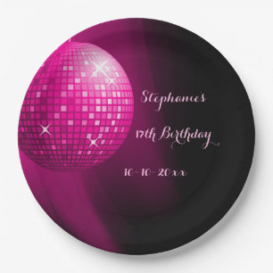 Glamourous 17th Birthday Hot Pink Party Disco Ball Paper Plate