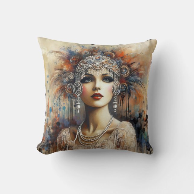 Glamourous 1920s Flapper Girl Portrait Cushion (Front)