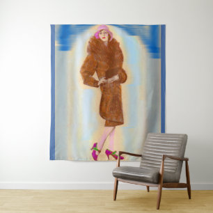 glamourous 1920s woman in fur coat tapestry