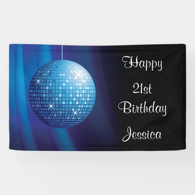Glamourous 21st Birthday Blue Party Disco Ball Banner (Horizontal)
