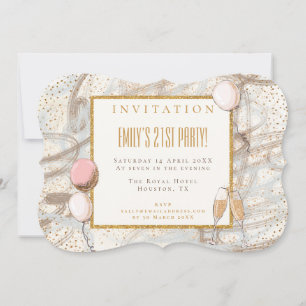Glamourous 21st Party Gold Confetti Flutes Balloon Invitation