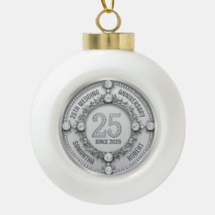 Glamourous 25th Wedding Anniversary Ceramic Ball Christmas Ornament