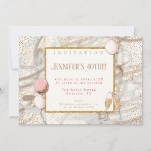 Glamourous 40th Party Gold Confetti Flutes Balloon Invitation