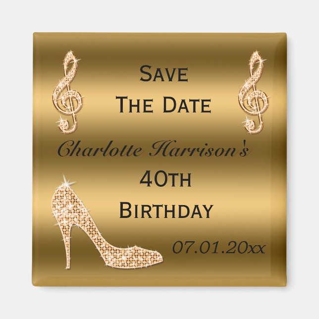 Glamourous 40th Save The Date Gold Stiletto Magnet (Front)