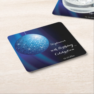 Glamourous 50th Birthday Blue Party Disco Ball Square Paper Coaster