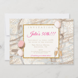 Glamourous 50th Party Gold Confetti Flutes Balloon Invitation