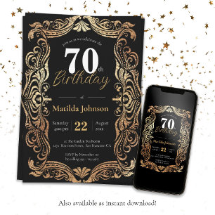 Glamourous 70th Birthday Gold Black Boho Elegant Invitation