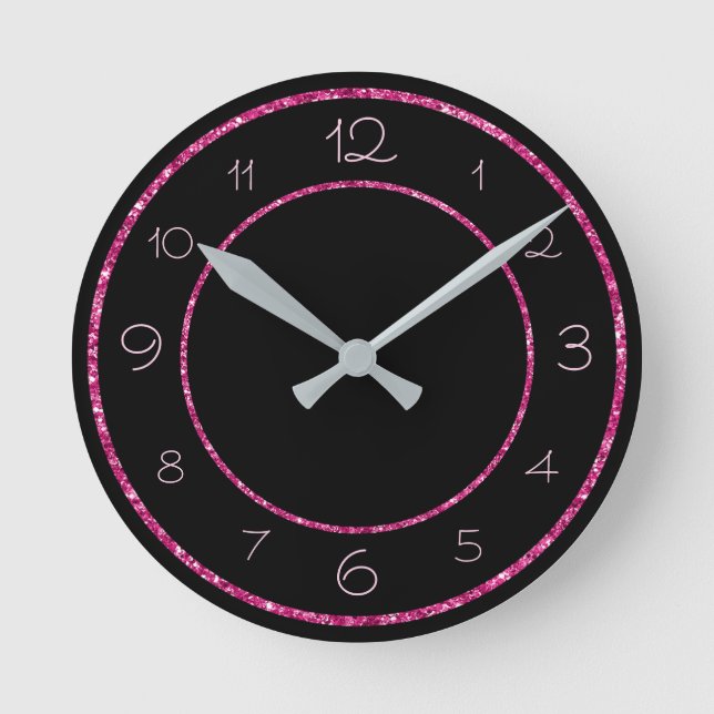 Glamourous and Girly Pink Glitter on Black Round Clock (Front)