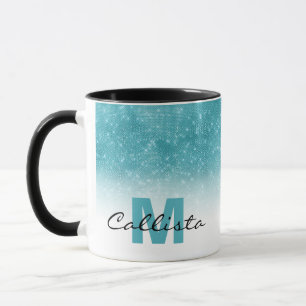 Glamourous Aqua Blue Glitter Sequin Ombre Monogram Mug