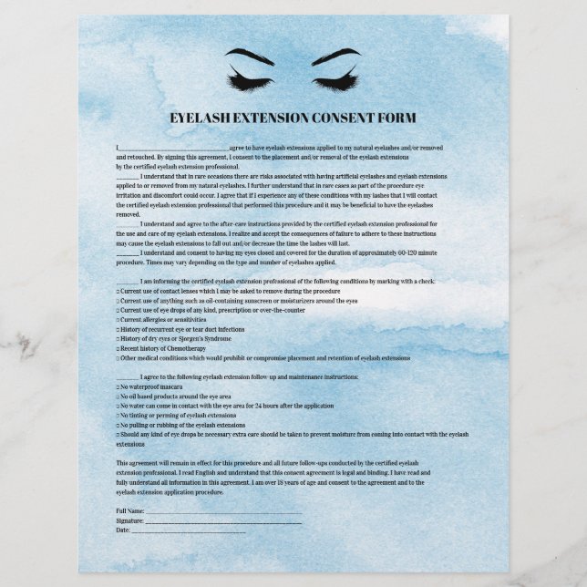 Glamourous Azure EYELASH EXTENSION CONSENT FORM Flyer (Front)