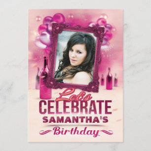 Glamourous Balloons and Wine Pink Birthday Photo Invitation