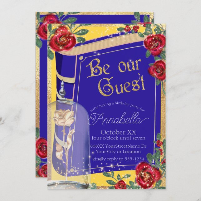 Glamourous Beauty and the Beast Fairy Tale Yellow Invitation (Front/Back)