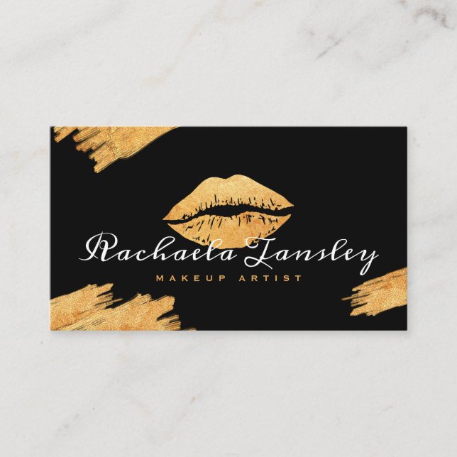 Glamourous Beauty Black & Gold Lips Makeup Artist Business Card (Front)