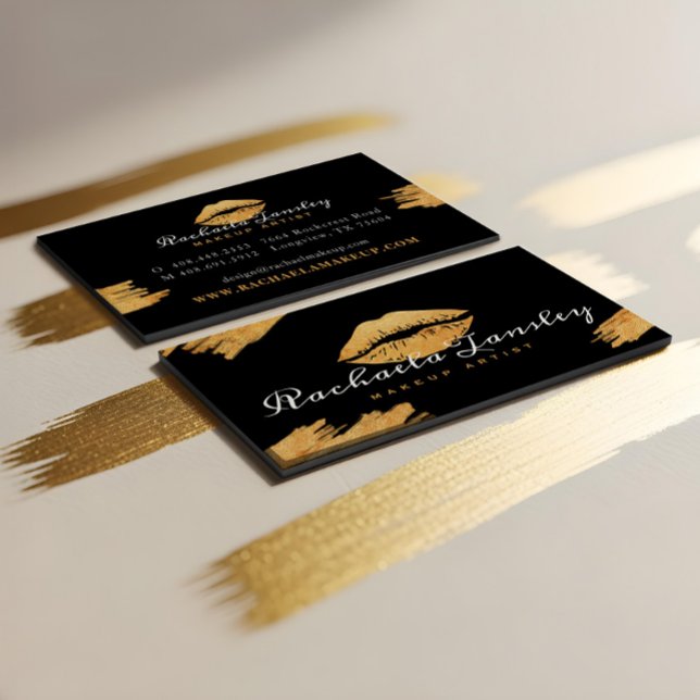 Glamourous Beauty Black & Gold Lips Makeup Artist Business Card (Luxury Glamorous Black & Gold Lips Makeup Artist Business Card)