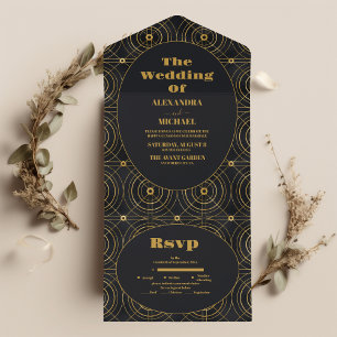 Glamourous Black and Gold Art Deco Wedding  All In One Invitation