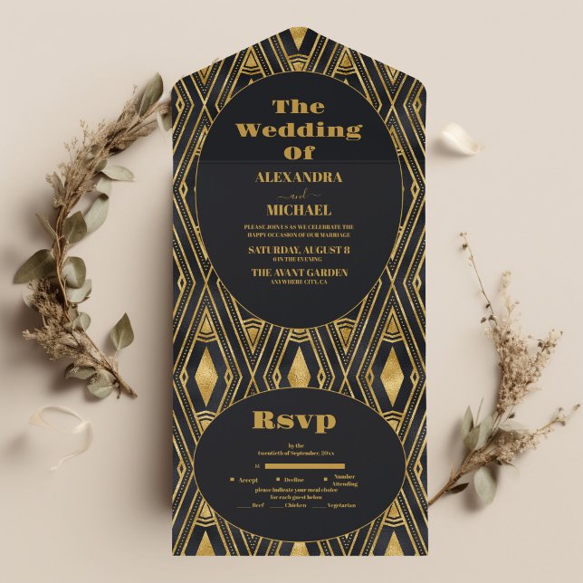 Glamourous Black and Gold Art Deco Wedding  All In One Invitation (Creator Uploaded)