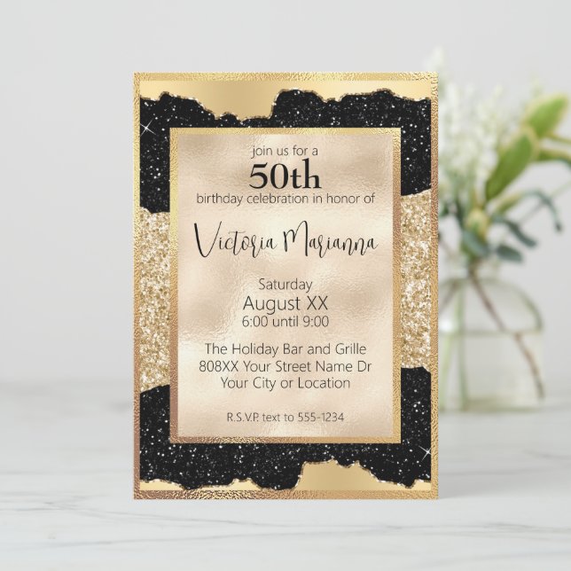 Glamourous Black and Gold Glitter 50th Birthday Invitation (Standing Front)