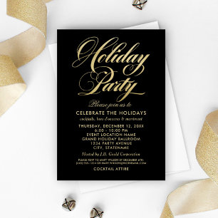 Glamourous Black and Gold Script Holiday Party Invitation