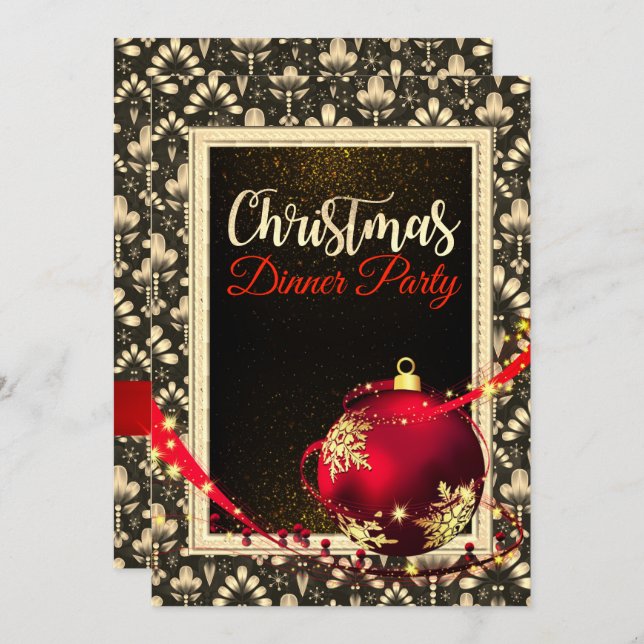 Glamourous Black and Golden Christmas Dinner Invit Invitation (Front/Back)
