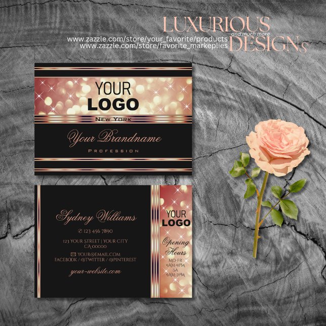 Glamourous Black and Rose Gold Sparkle Glitter Log Business Card (Creator Uploaded)