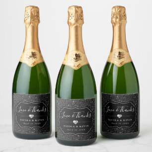 Glamourous Black and Silver Glitter Wedding Sparkling Wine Label