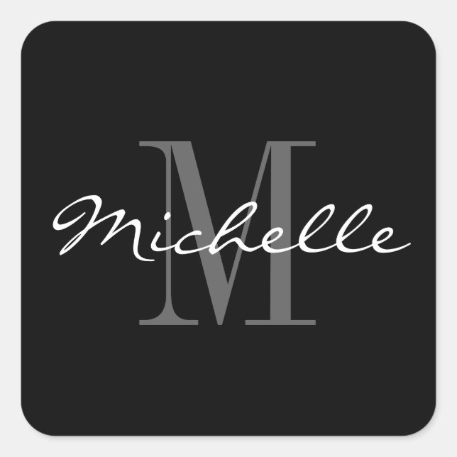 Glamourous black and white monogram square sticker (Front)