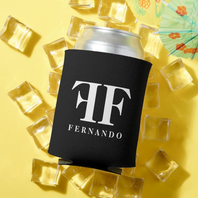 Glamourous black and white name initials monogram can cooler (In Situ Summer)