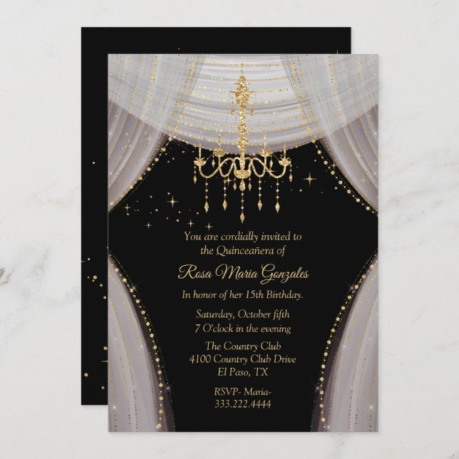 Glamourous Black Blush and Gold Quinceañera   Invitation (Front/Back)