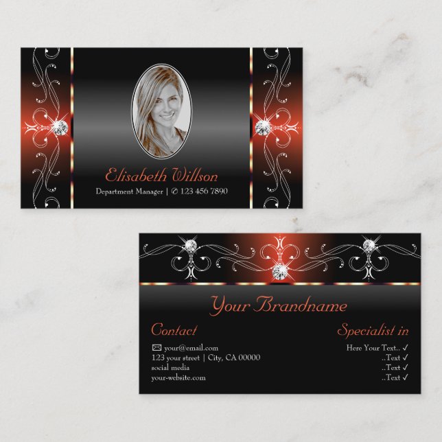Glamourous Black Brown Squiggled Jewels with Photo Business Card (Front/Back)