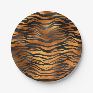 Glamourous Black Brown Tiger Stripes Animal Print Paper Plate