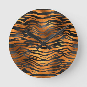 Glamourous Black Brown Tiger Stripes Animal Print Round Clock