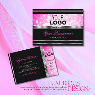 Glamourous Black Girly Pink Glitter Logo Silver Business Card