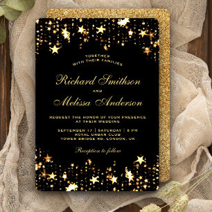 Glamourous Black Gold Faux Glitter Stars Wedding Invitation