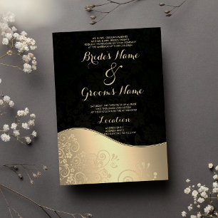 Glamourous Black Gold Floral Damask Chic Wedding  Invitation