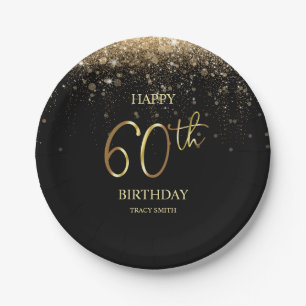 Glamourous Black Gold Glitter 60th Birthday Paper Plate
