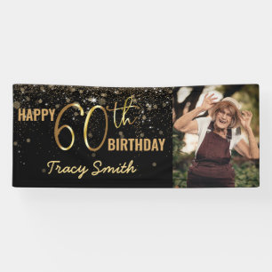 Glamourous Black Gold Glitter 60th Photo Birthday Banner